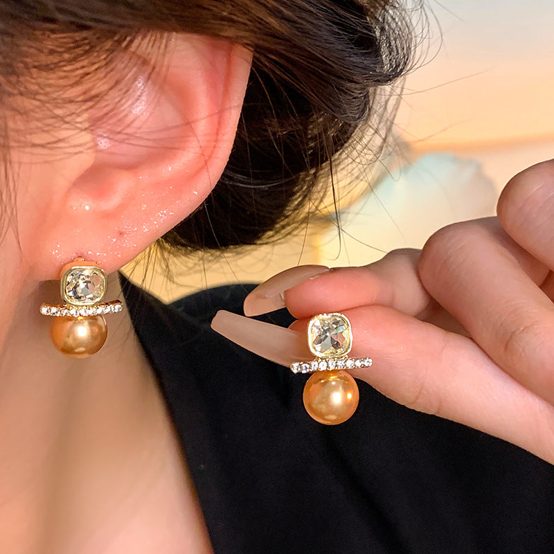 Earring Stud Light Luxury Niche Square Zircon Pearl XEA1648