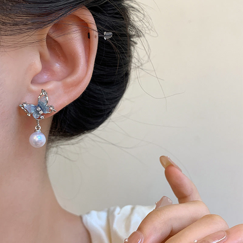 Earring Stud Blue Butterfly Pearl XEA1829