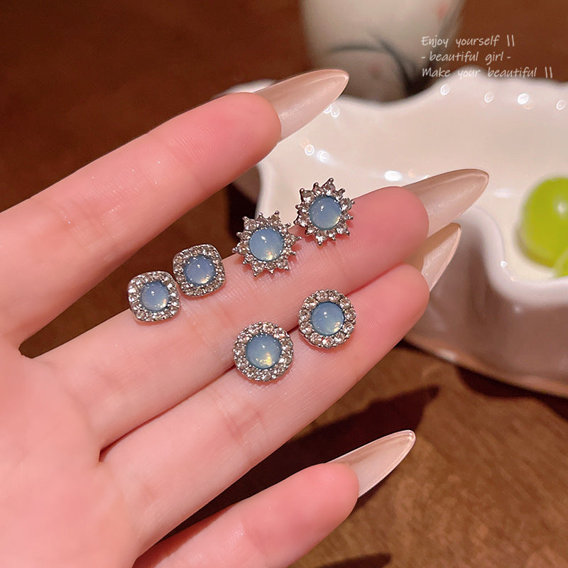 Earring Stud Light Luxury Niche Exquisite Blue Crystal Geometric XEA1874