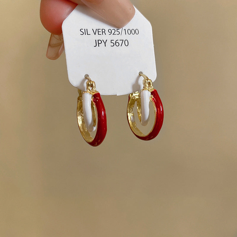 Earring Hoop Double Layer Retro Wine Red Contrasting Geometric Circle XEA2018