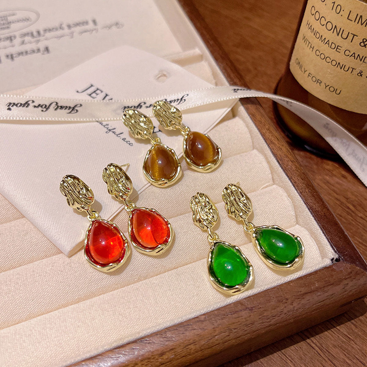 Earring Stud Teardrop Shaped Maillard Tiger Eye Stone XEA2061
