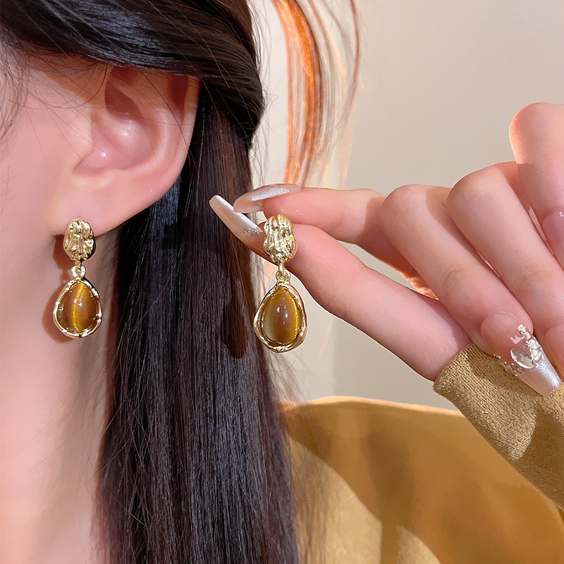 Earring Stud Teardrop Shaped Maillard Tiger Eye Stone XEA2061