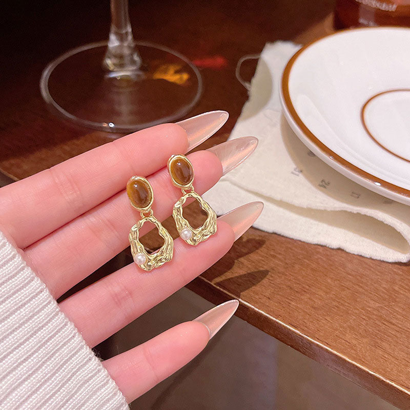 Earring Stud Retro Maillard Tiger Eye Stone XEA2089