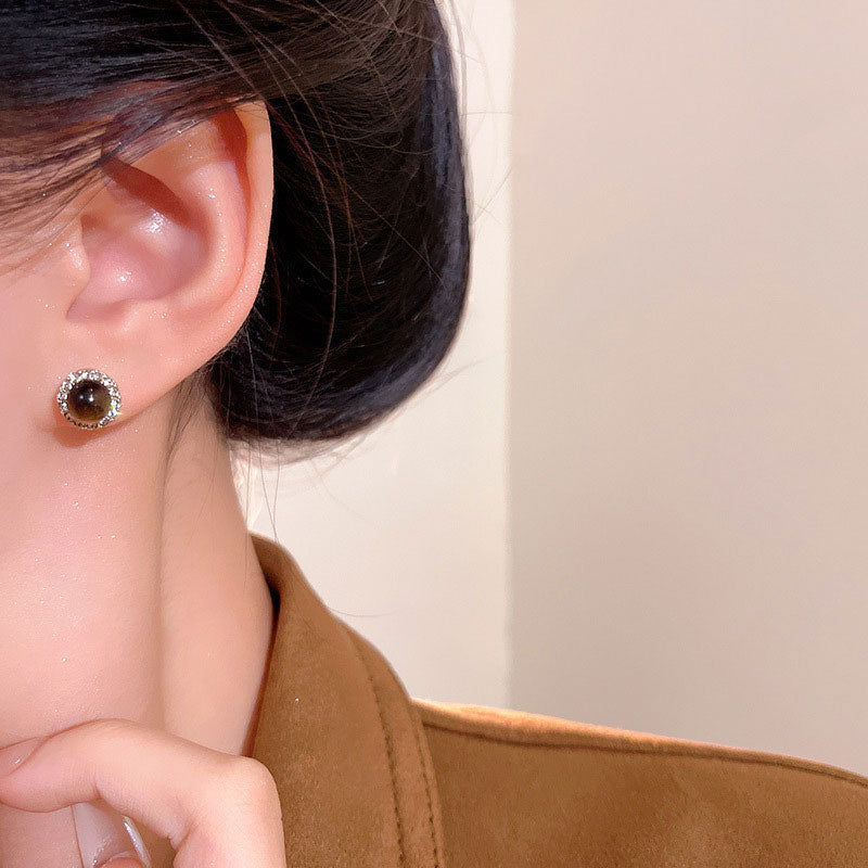 Earring Stud Delicate and Small Maillard Tiger Eye Stone XEA2097