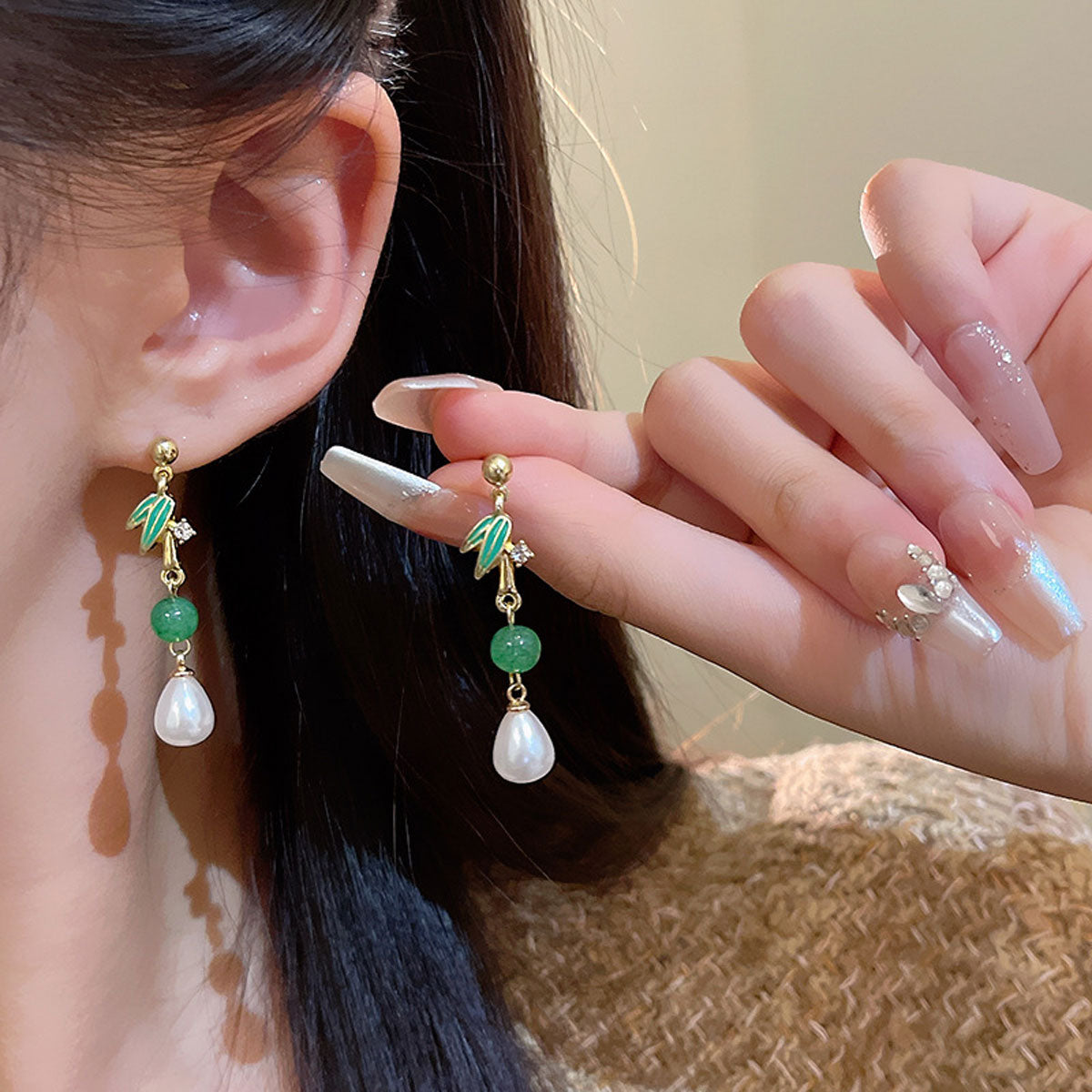 Earring Stud Long Retro Bamboo Leaf Pearl XLA1940