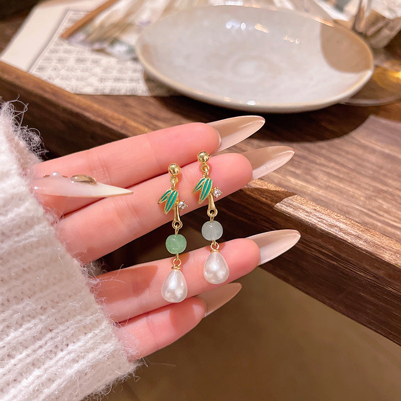 Earring Stud Long Retro Bamboo Leaf Pearl XLA1940