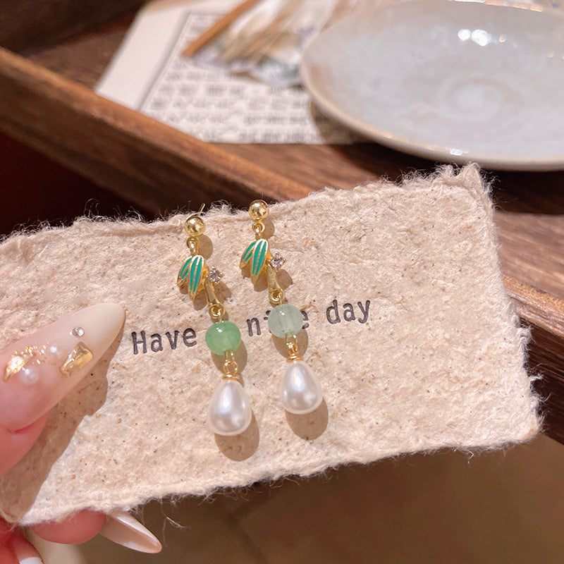 Earring Stud Long Retro Bamboo Leaf Pearl XLA1940