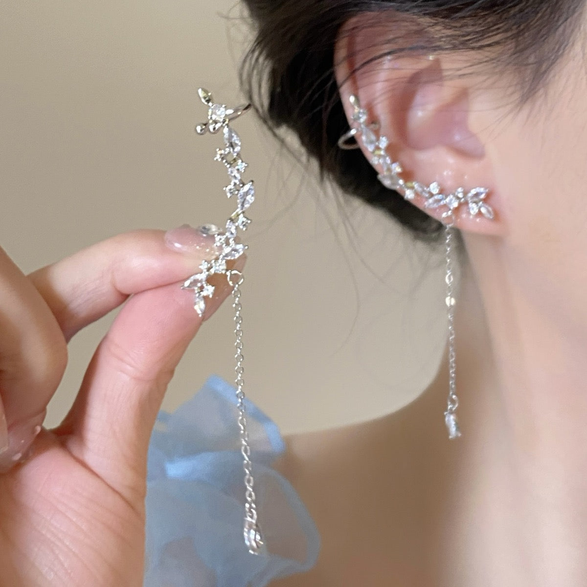 Earring Stud Clip Super Fairy Versatile Temperament Long Tassel Flower XLA1955