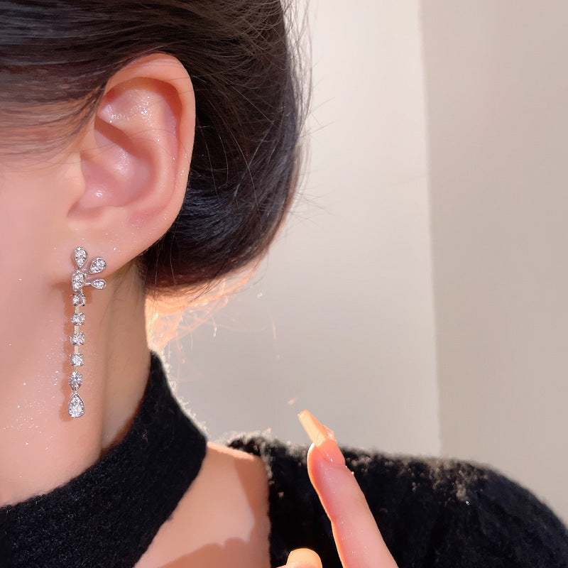 Earring Stud Long Flashing Exquisite Zircon Tassel Flower XLE6270