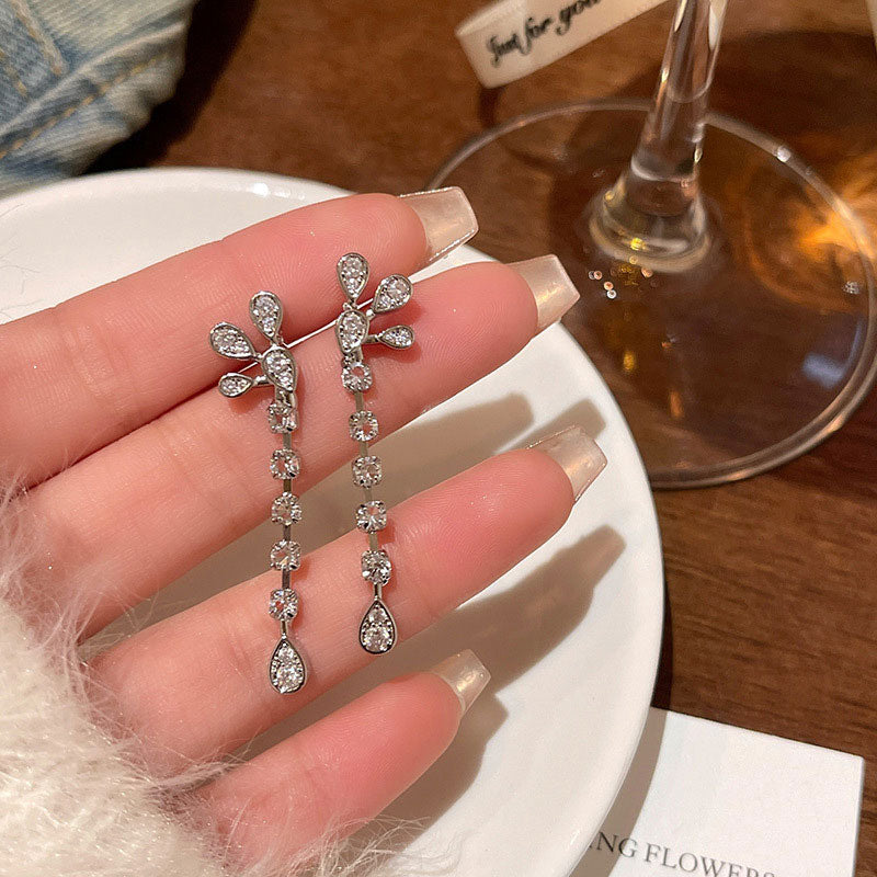 Earring Stud Long Flashing Exquisite Zircon Tassel Flower XLE6270