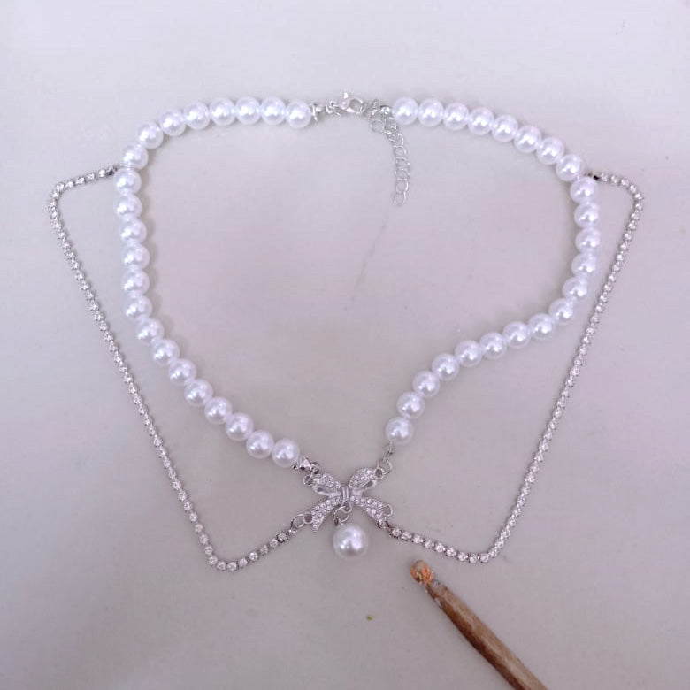 Necklace Double Layered Bow Temperament Pearl Clavicle XNX1642