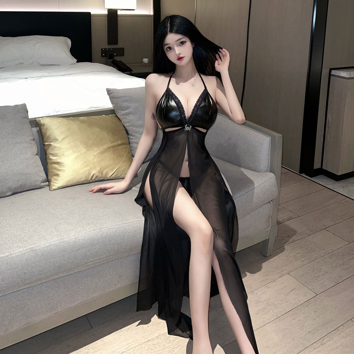 Lingerie Babydoll Long Open Front and Sides Skirt Halter ZU5345
