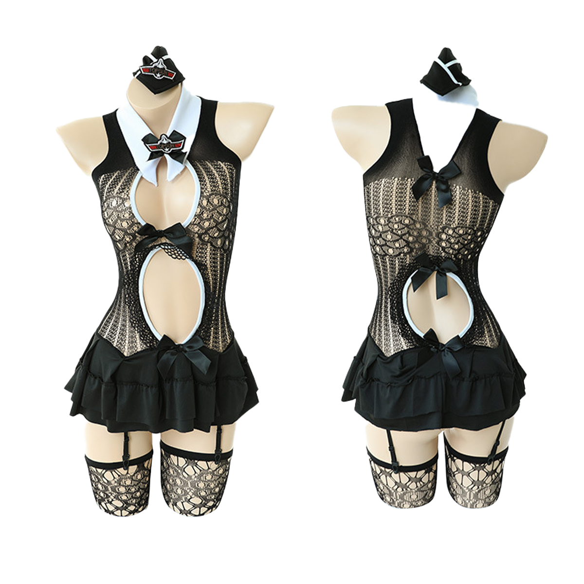 Lingerie Bodystocking Camisole Open Front Bow Knots Layered Skirt ZU7483