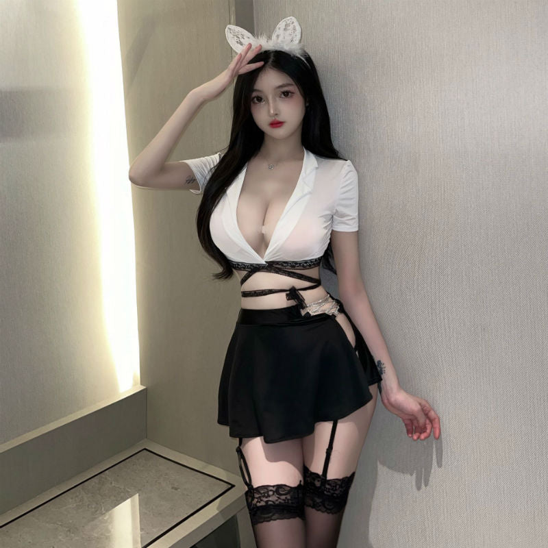 Lingerie Costume Secretary Two Pieces Deep V Top and Open Side Skirt ZUX277
