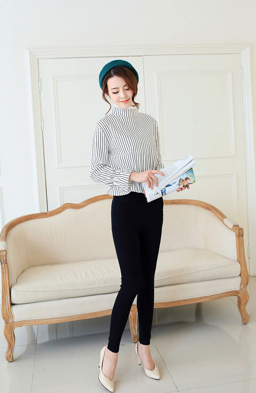 Striped Long Sleeved High Neck Collar Blouse