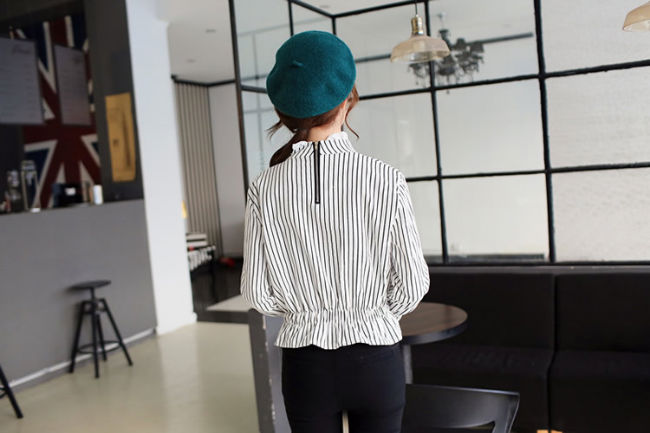 Striped Long Sleeved High Neck Collar Blouse