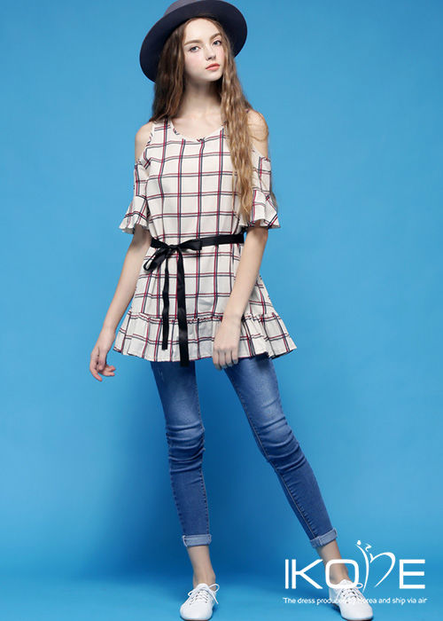 Shirt Plaid Short Sleeved Dew Shoulder Lotus