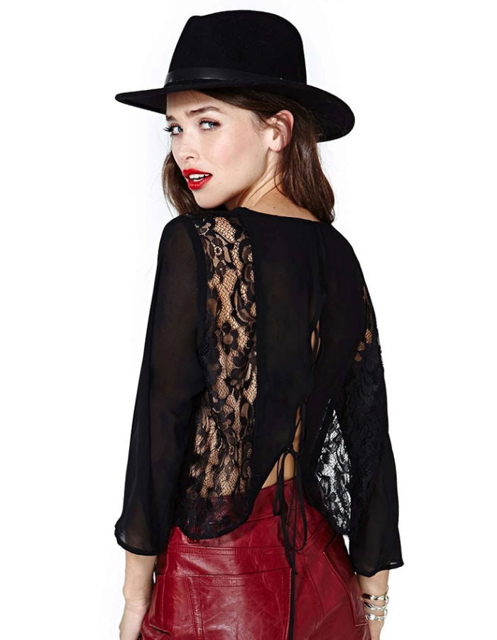 Shirt Long Sleeved Tie Back Chiffon Lace