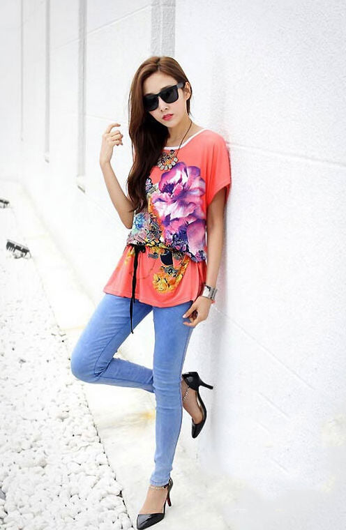 T-Shirt Flower Bat Sleeved Loose