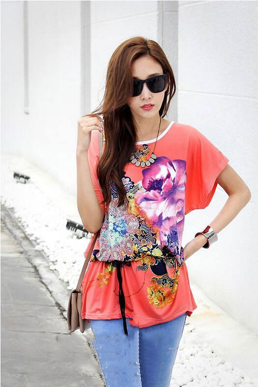 T-Shirt Flower Bat Sleeved Loose