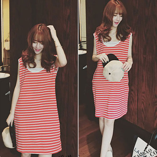 Striped Sleeveless Hooded Cotton Dress