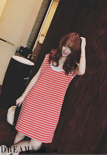 Striped Sleeveless Hooded Cotton Dress
