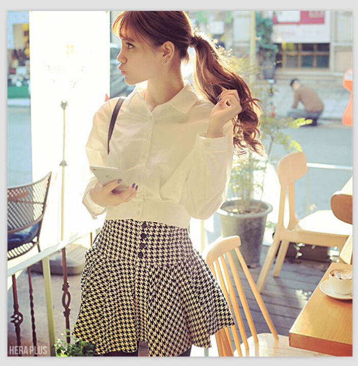 White Long Sleeved Blouse and Houndstooth Skirt