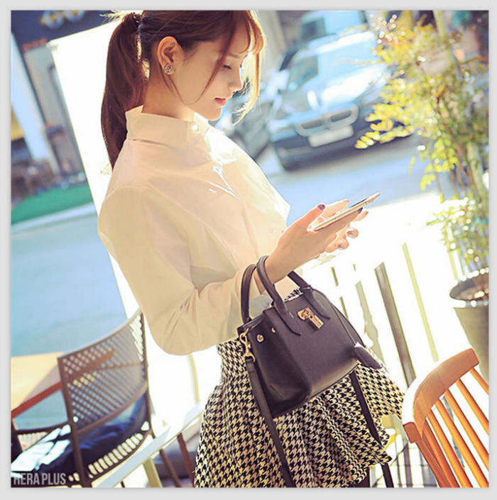 White Long Sleeved Blouse and Houndstooth Skirt