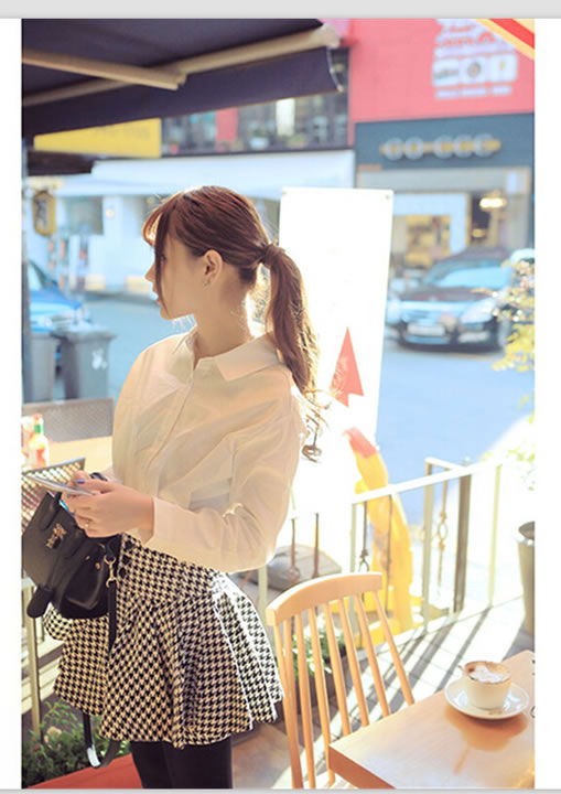 White Long Sleeved Blouse and Houndstooth Skirt