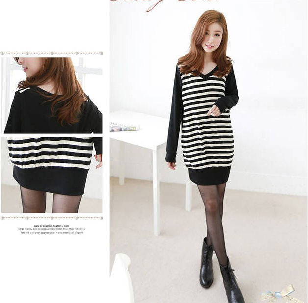 T-Shirt Striped Long Sleeved V Neck