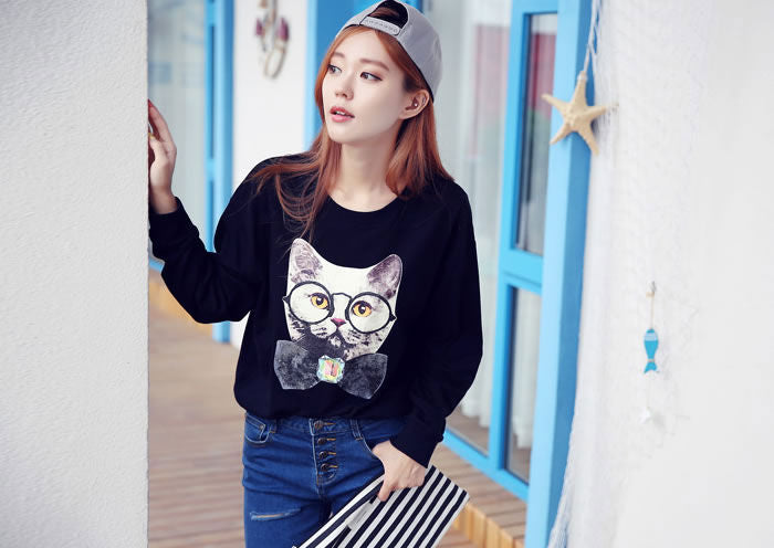 T-Shirt Glasses Cat Long Sleeved