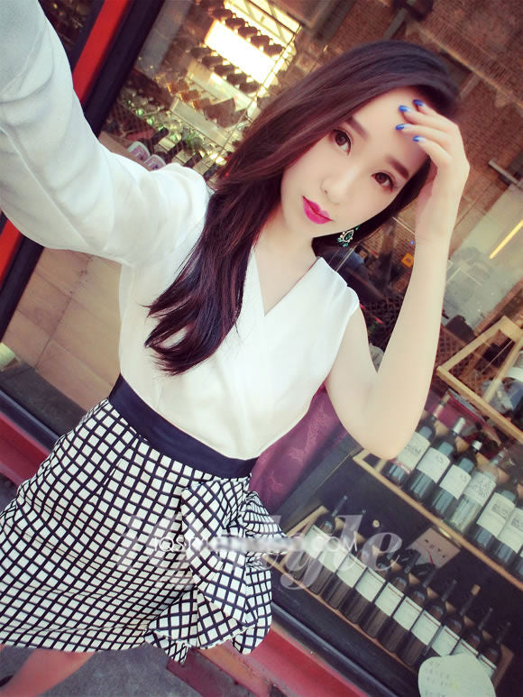 White Plaid One Sleeved V Neck Korean Dress