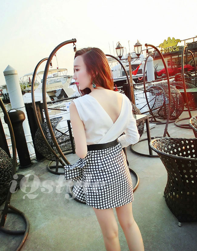 White Plaid One Sleeved V Neck Korean Dress