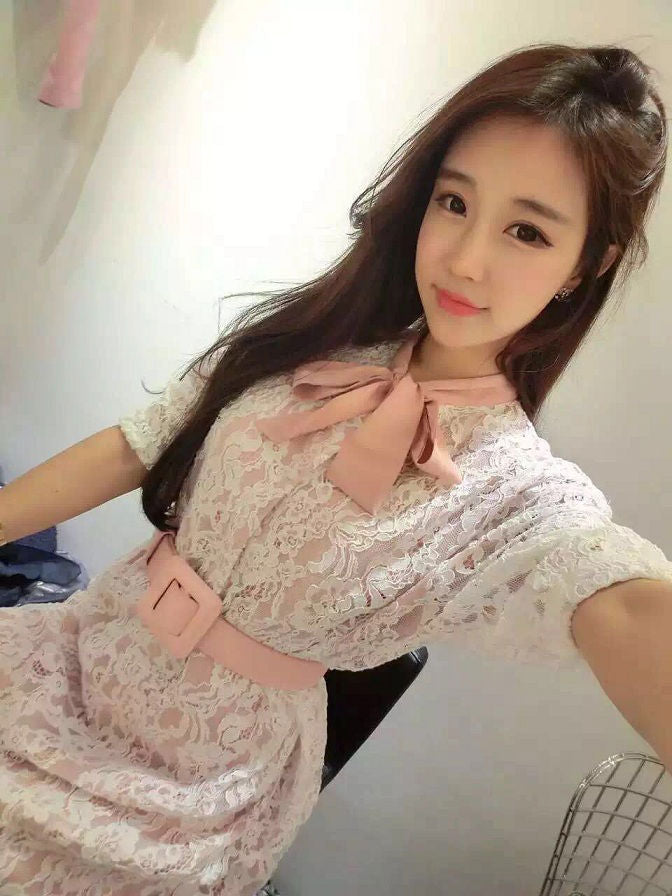 Lace Short Sleeved Tie Dress with Belt