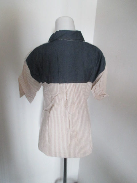 Shirt Striped Short Sleeved Jeans Pockets Collar