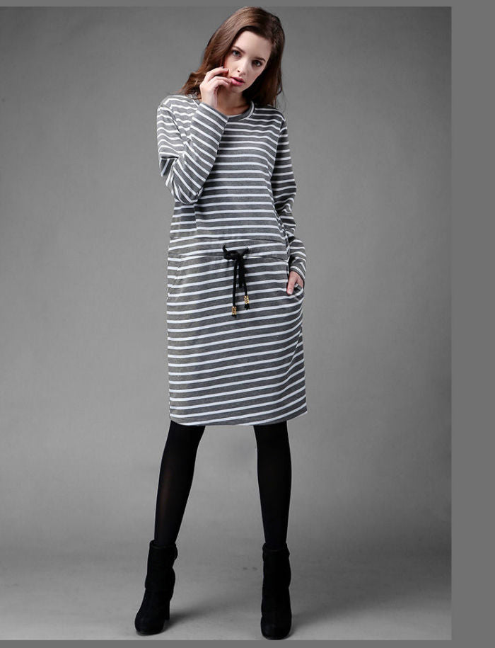 Striped Long Sleeved Drawstring T-Shirt Dress