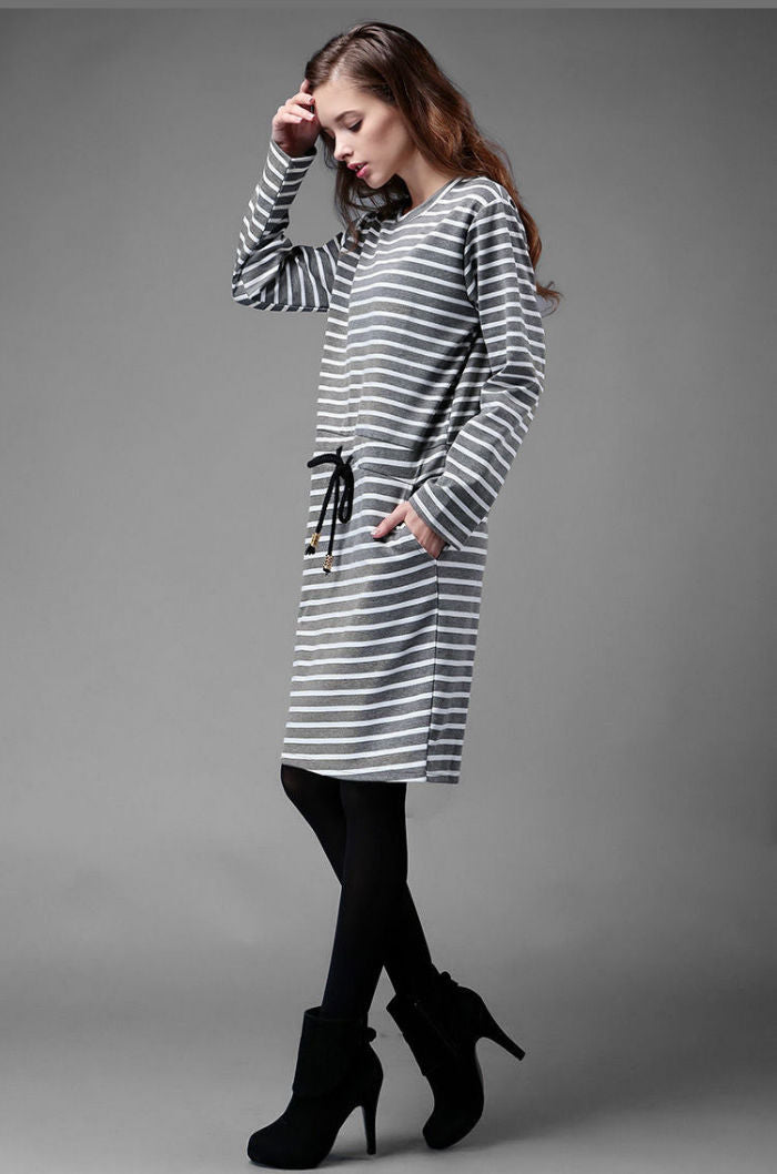 Striped Long Sleeved Drawstring T-Shirt Dress