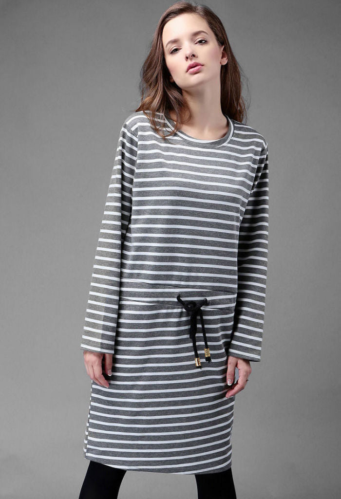 Striped Long Sleeved Drawstring T-Shirt Dress