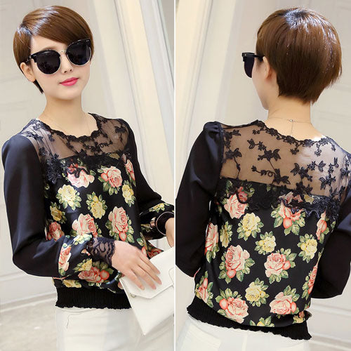 Shirt Black Flower Long Sleeved Lace