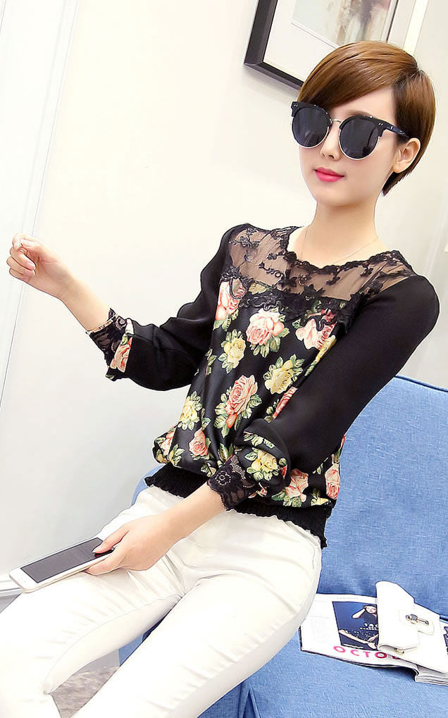 Shirt Black Flower Long Sleeved Lace