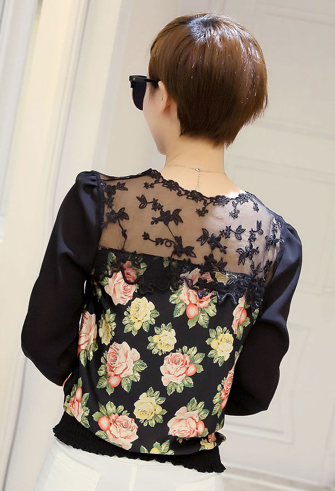 Shirt Black Flower Long Sleeved Lace
