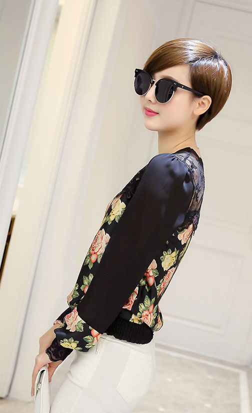 Shirt Black Flower Long Sleeved Lace