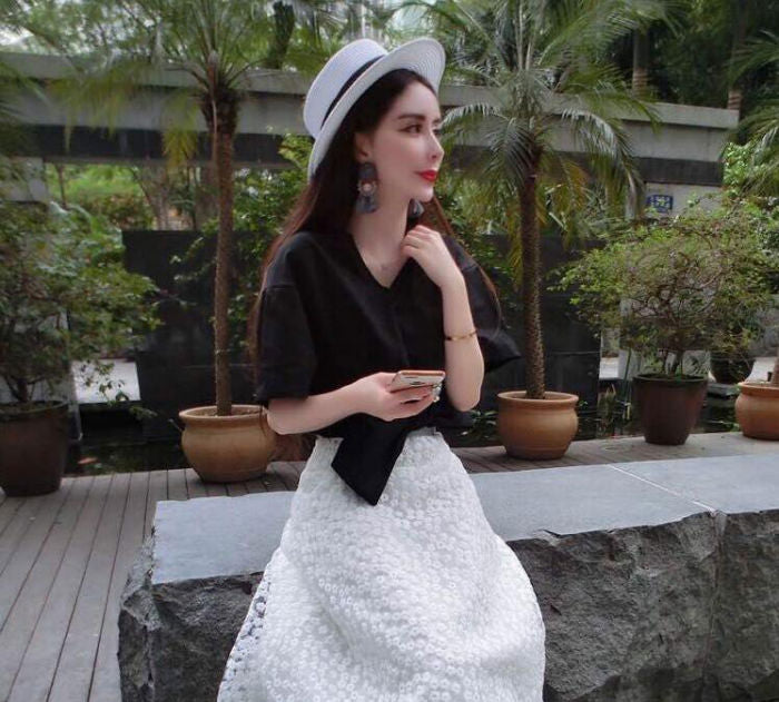 Shirt Short Sleeved V Neck Bow Korean
