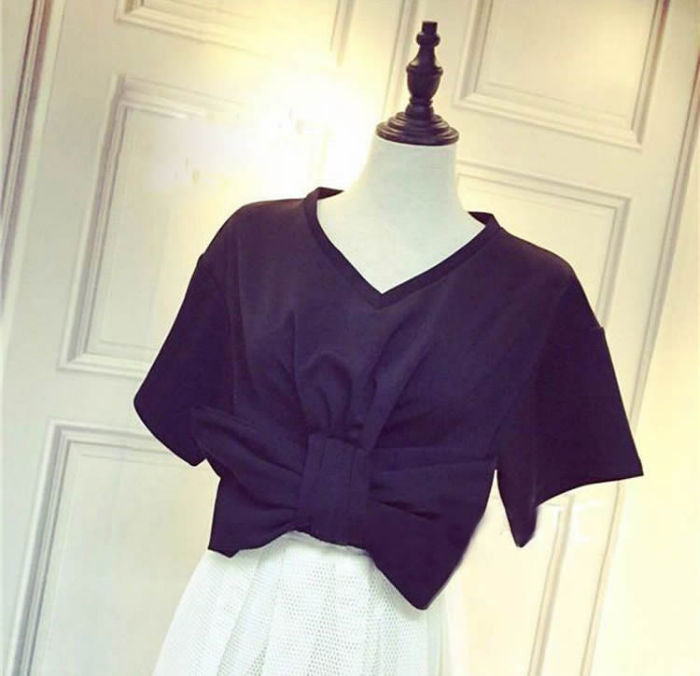Shirt Short Sleeved V Neck Bow Korean