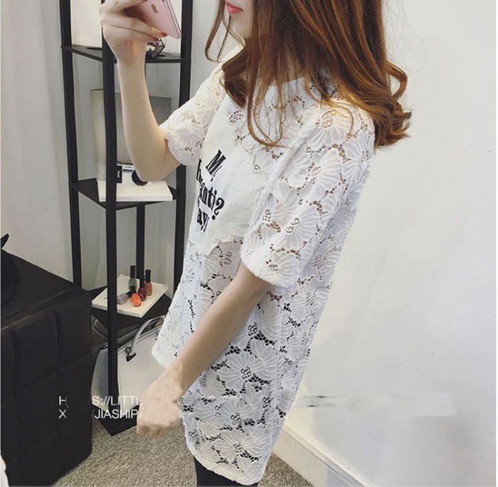 Shirt Heart Letters Short Sleeved Lace