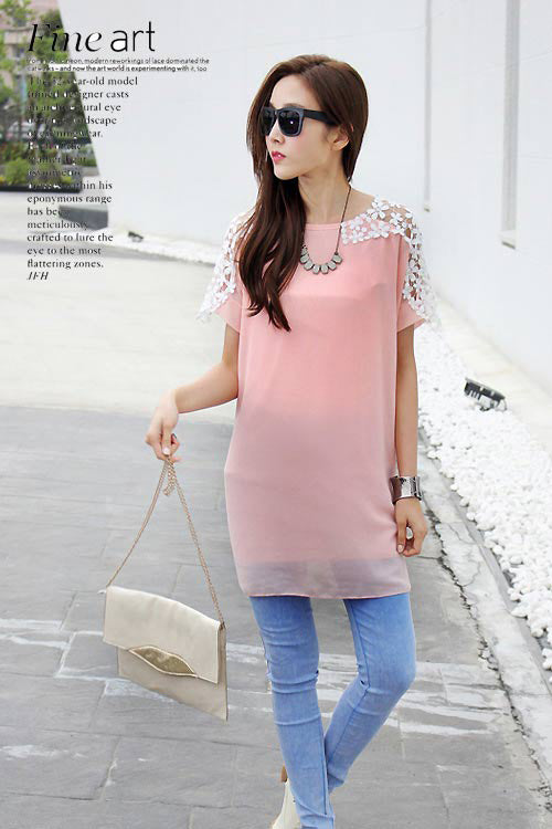 Shirt Chiffon Short Sleeved Lace Shoulder