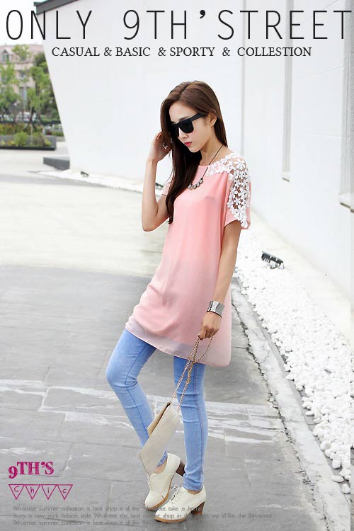 Shirt Chiffon Short Sleeved Lace Shoulder