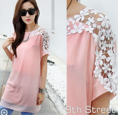 Shirt Chiffon Short Sleeved Lace Shoulder
