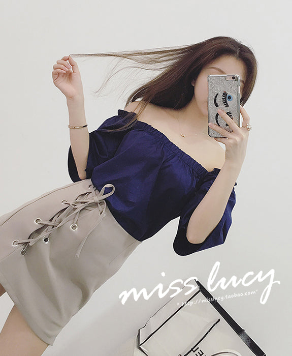 Dark Blue Short Sleeved Strapless Shirt and Lace Skirt Pants