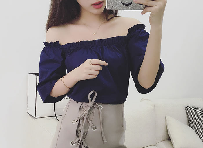 Dark Blue Short Sleeved Strapless Shirt and Lace Skirt Pants